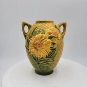 Vintage Roseville Pottery Sienna Yellow Peony Vase 58-6 Two Handle Art Pottery
